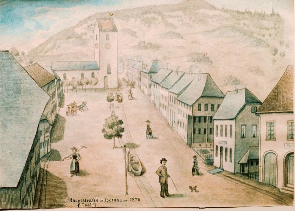 Historische Darstellung der Todtnauer Hauptstrasse mit der alten eintürmigen Pfarrkirche vor dem Brand von 1876