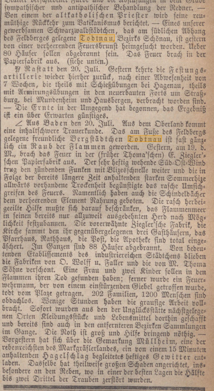 Historischer Zeitungsausschnitt zum Stadtbrand
